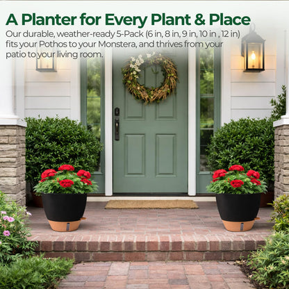 T4U 5 Pack Self Watering Pots (6"+8"+9"+10"+12") - Water Level Indicator & Deep Reservoir, Mess-Free Planters for Busy People, Beginners & Gardeners, Fit Most Plants, Indoor Outdoor Use (Black)