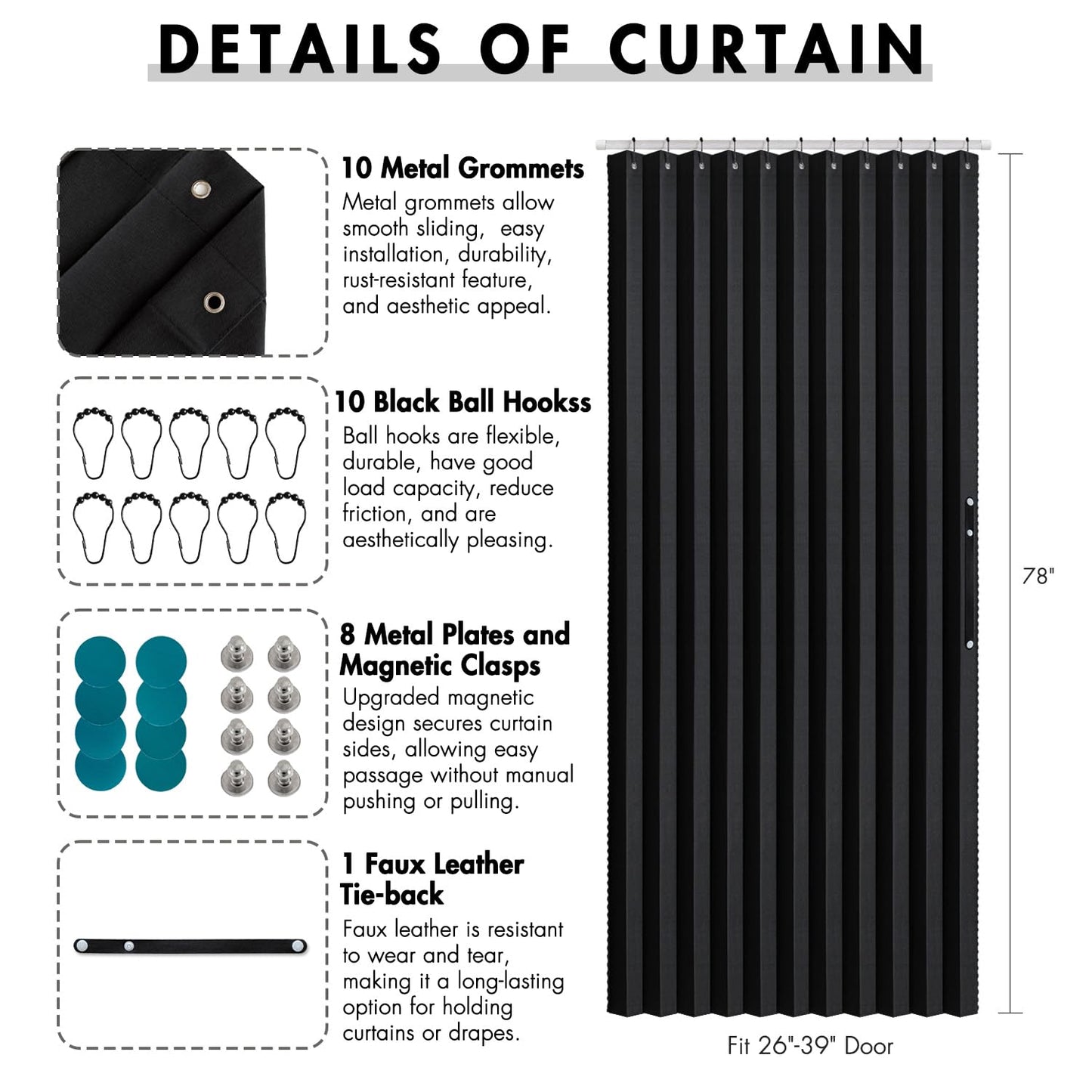 MIULEE Halloween Accordion Style Magnetic Folding Door Curtains for Doorways/Closet, Room Divider Pleated Drapes with Hooks for Interior Living Room/Open Closet, Black, W42 x L78 inches, 1 Panel