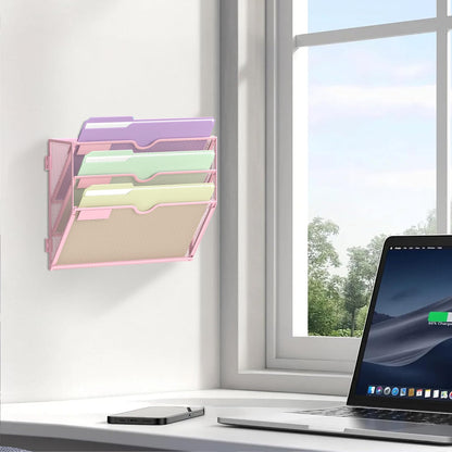 SUPEASY 3 Tier Wall File Organizer, Hanging Wall Mounted Mail Organizer with Label Slots, Metal Mesh File Holder Magazine Rack for Office, Home, School, Pink