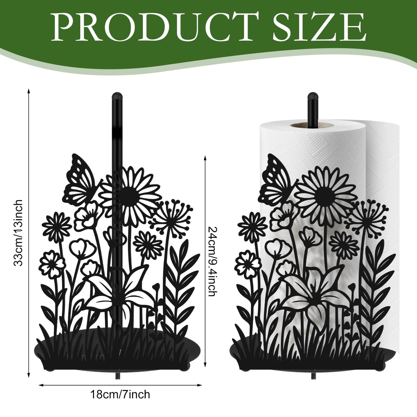 Yiyiring Wildflower Kitchen Countertop Paper Towel Holder Decorative Paper Towel Holder Black Metal Tissue Stand Kitchen Decor Accessories for Home Party Bathroom Countertop Dining Table
