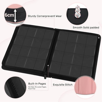 Card Binder 16 Pocket, Zipper Trading Card Binder Holds 1024 Cards, Double-sided Side Loading Card Storage Album, Ringless Card Protector, Card Collection Binder for TCG, MTG, Game Sport Card, Pink