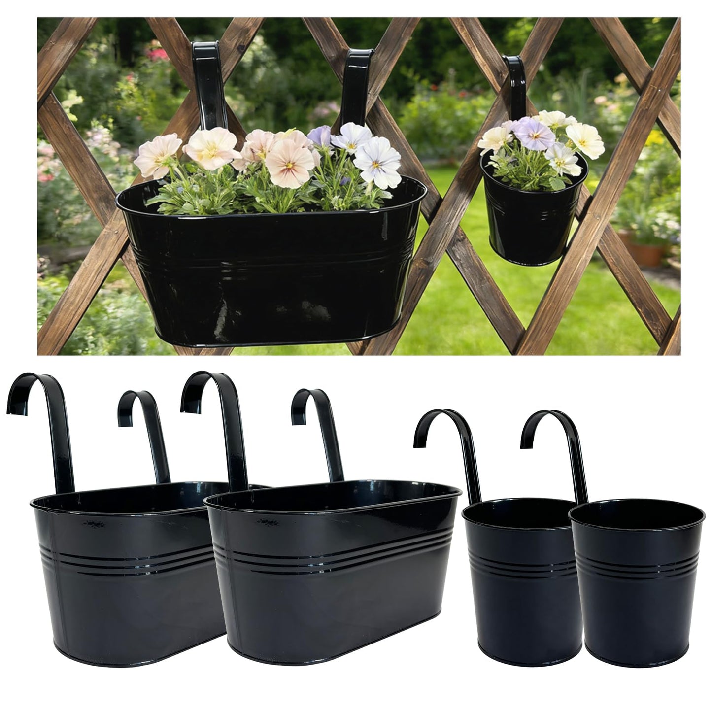 Joyfernal Pack of 4 Metal Hanging Planters for Outdoor Plants, 2 Pcs 4" Round Railing Planter & 2 Pcs 10" Oval Fence Flower Pots for Balcony Garden Decor, Black