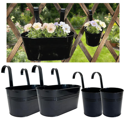 Joyfernal Pack of 4 Metal Hanging Planters for Outdoor Plants, 2 Pcs 4" Round Railing Planter & 2 Pcs 10" Oval Fence Flower Pots for Balcony Garden Decor, Black