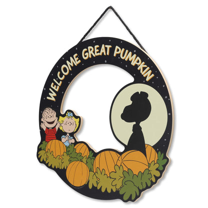 Peanuts Welcome Great Pumpkin Wreath Hanging Wood Wall Decor - Fun Peanuts Sign for Fall and Halloween Decorating