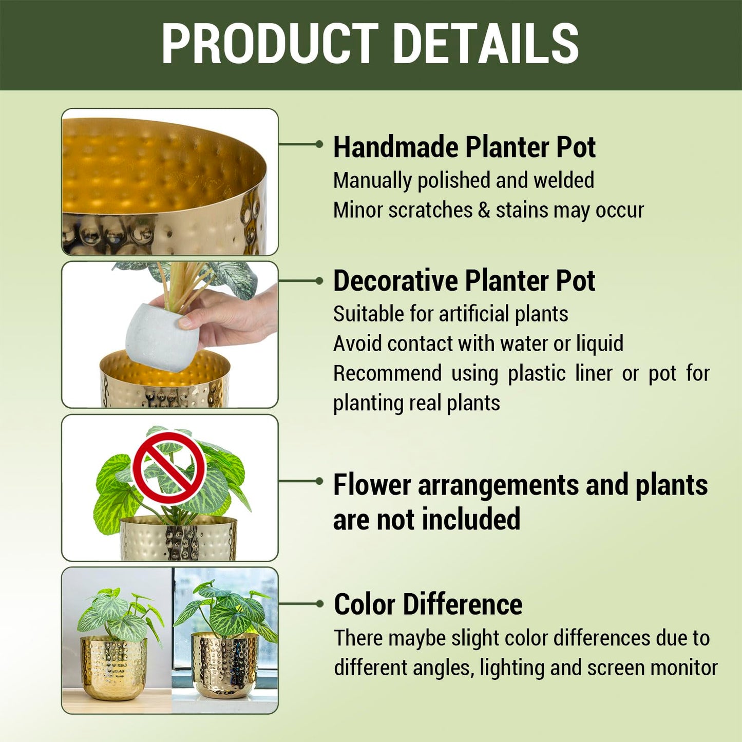 MyGift Modern Hammered Brass Plated Metal Planter Pots – Set of 2 Indoor Plant Containers, 6 & 5-Inch Cylindrical Metallic Planters – Handcrafted in India