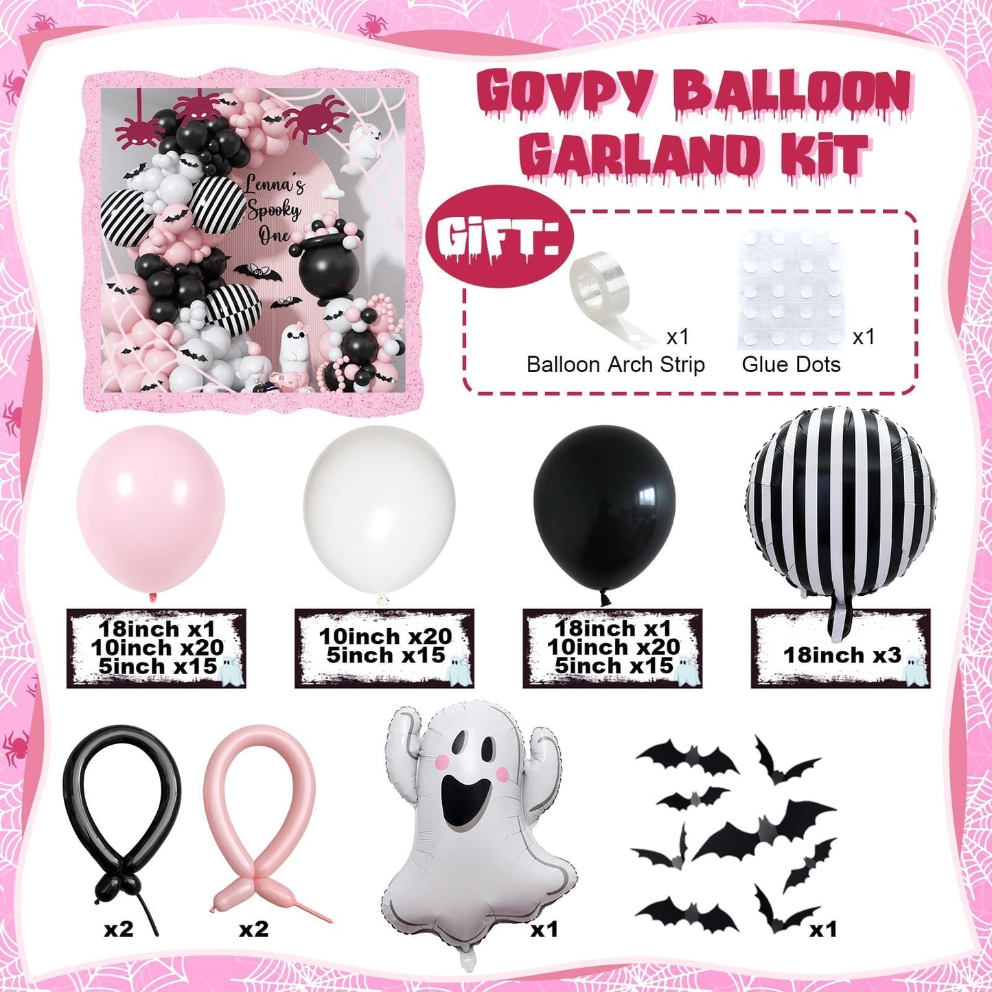 Pink Black White Halloween Balloon Garland Kit,118pcs Pastel Halloween Ghost Striped Foil Balloon Arch with 3D Bats for Girl Kawaii Spooky One Birthday Backdrop Baby Shower Birthday Party Decorations