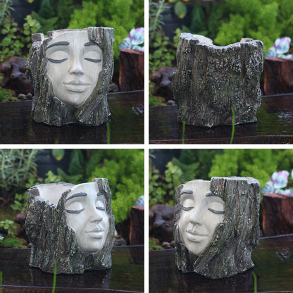 YOYLMAL Tree Stump Face Planter Pot, 4.9” Resin Women's Head Succulent Planter for Indoor Outdoor Plants, Unique Flower Pot with Drainage Hole, Gifts for Women Mom