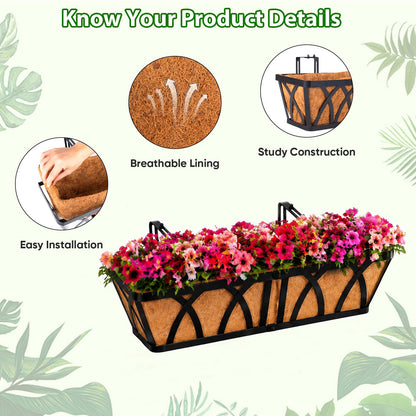 LCHUANG Deck Railing Planter Window Box - 3 Pack 24 Inch Deck Balcony Rail Planter with Coconut Coir Liner, Fence Metal Hanging Flower Planter Basket Deck Railing Planter Boxes for Outdoor Lawn
