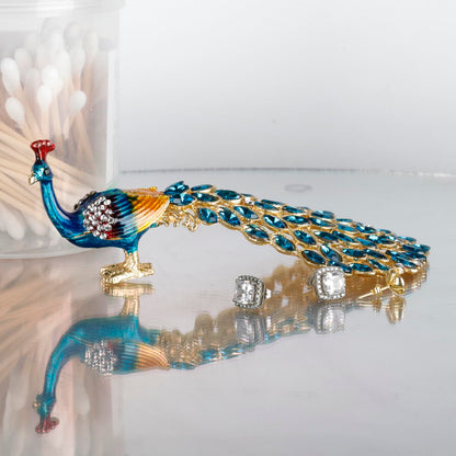 SEVENBEES Enameled Peacock Jewelry Box - Hand Painted Collectible Figurine with Crystal Rhinestones, Women and Girls for Rings and Earrings Valentine Decor Gifts