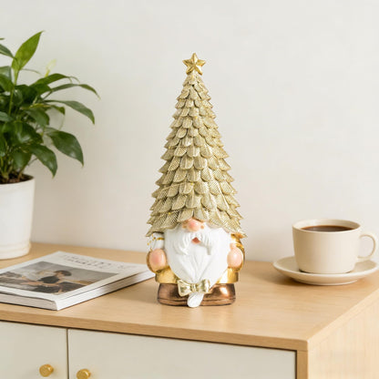 BGBWBFBR 11.4 Inch Whimsical Gnome Figurine - Glowing Tree Hat Decor, Cozy Home/Yard Accent for Everyday & Gatherings (Gold Accents)