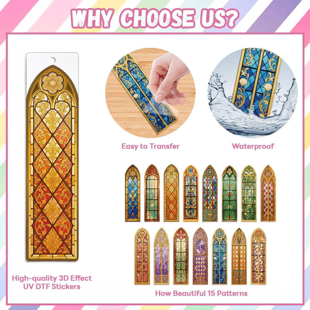 Peacoblue 30pcs UV DTF Bookmarks Transfer Stickers Wraps Baroque Church Stained Glass for Women Men Reading, Waterproof Bookmarkers Decal(No Blank Bookmarks) for Acrylic Plastic Metal Blank Bookmark