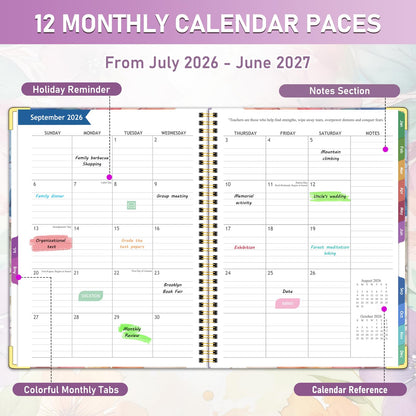 Teacher Planner 2026-2027, Jul 2026-Jun 2027 Academic Year, 8.5" x 11" Lesson Planner Book for Teacher Calendar, Spiral Bound Planners, Colorful Monthly Tabs, Planning Stickers, Flower
