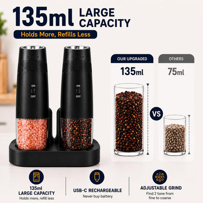 Electric Salt and Pepper Grinder Set 2 Pack, Rechargeable Automatic Gravity Grinder with USB Charging Base, One-Hand Operation, Adjustable Coarseness, LED Light, Black