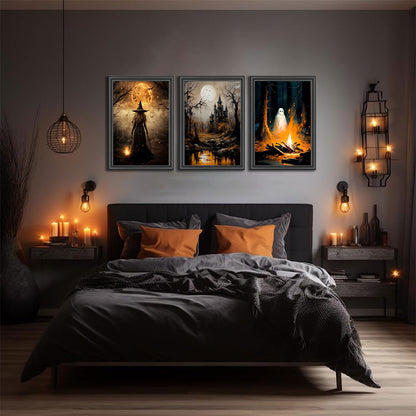3pcs Halloween Canvas Wall Art Dark Academia Scary Witch Ghost Castle Posters Prints Thriller Horror Gothic Wall Decor Pictures for Halloween Party House Decoration Unframed