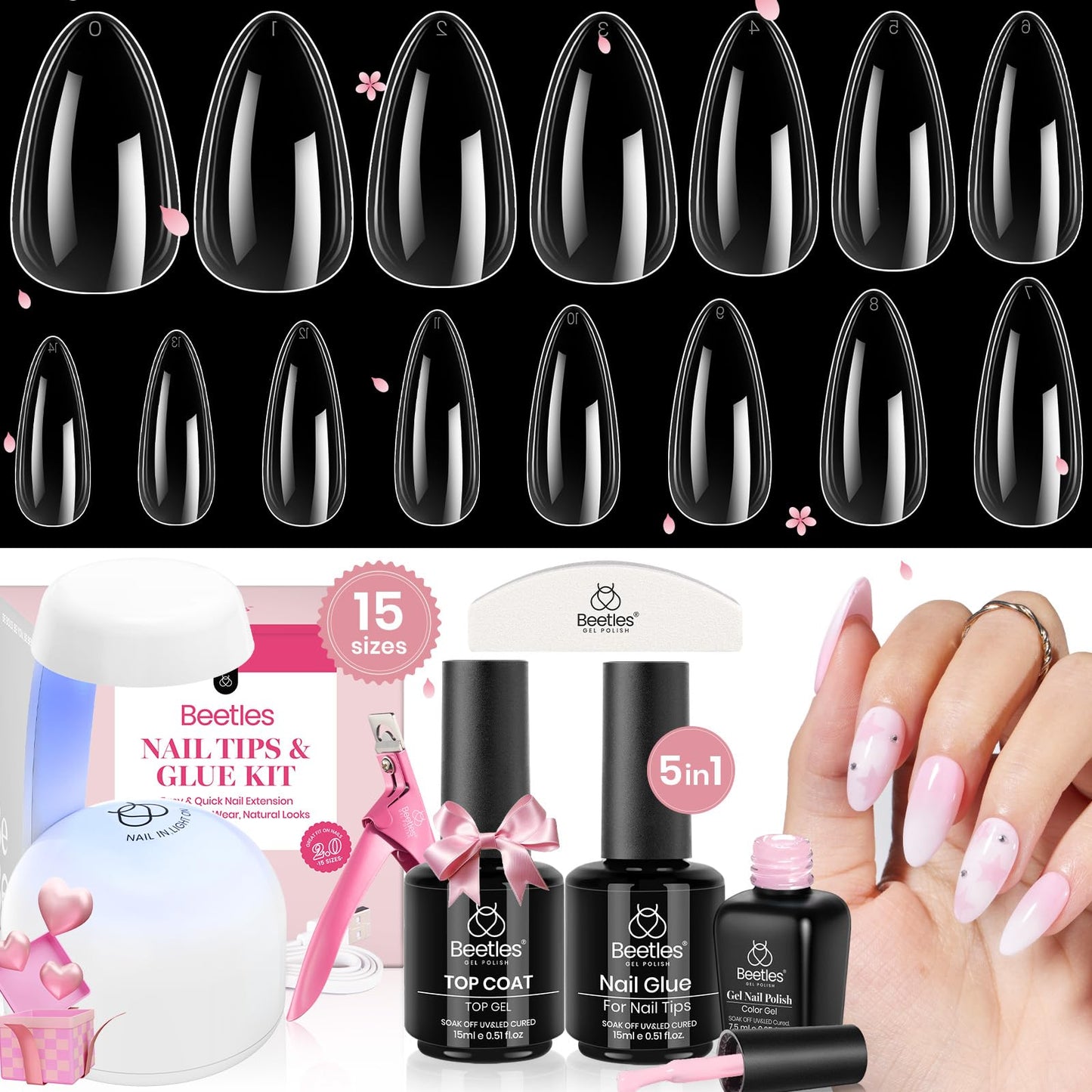 Beetles Gel Nail Extension Kit Almond Shape, Easy 9 in 1 Glue Uv Led Set Etch X Nail Tips Short Almond Half Matte Tips, Gift for Women & Girls, 504 pcs