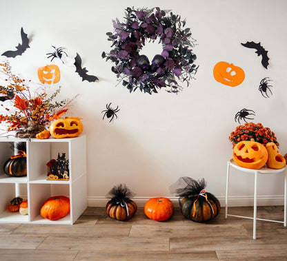BINFEN 20" Halloween Wreaths for Front Door, Black Glitter Skulls Purple Eucalyptus Leaves Halloween Horror Decor, Gothic Party Room Decoration