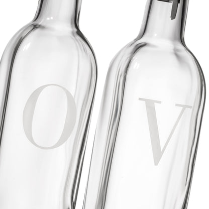 GREENOLIVE Olive Oil and Vinegar Dispenser Set - 17 oz. Glass Bottles with No-Drip BPA-Free Spouts - Stylish O and V Identifiers for Kitchen and Dining Use - Set of 2