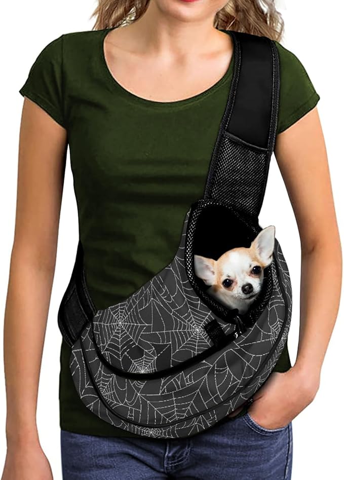 FUSURIRE Spider Web Small Dog Sling Carrier for Small Pets, Cats and Puppies, Breathable Mesh Halloween Front Pack Hands-Free Carrier Bag with Adjustable Shoulder Strap for Outdoor Travel