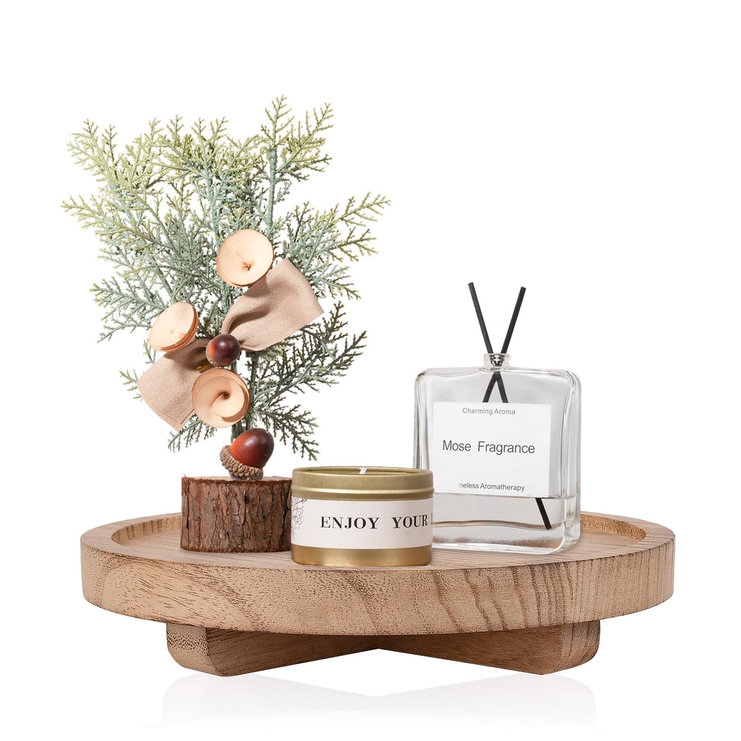 Round Decorative Tray Wood Bathroom Counter Organizer Farmhouse Kitchen Decor Wooden Riser for Soap Dish, Perfume, Candle, Sponge, 8" - Brown