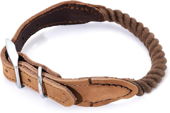 Mile High Life Genuine Leather Dog Collar, Durable Braided Cotton Rope Collar with Metal Pin Buckle for Small Medium Large Dogs (Dark Brown, M Neck 15"-18")