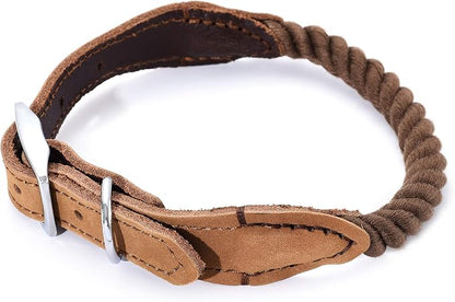 Mile High Life Genuine Leather Dog Collar, Durable Braided Cotton Rope Collar with Metal Pin Buckle for Small Medium Large Dogs (Dark Brown, M Neck 15"-18")