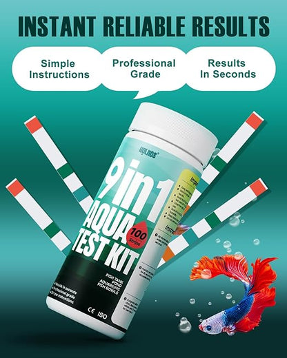 Aquarium Test Strips - 9-in-1 Aquarium Water Test Kit: Fish Tank Testing Kit for Freshwater & Saltwater, 100 Strips,Fast & Accurate Ammonia, pH, Hardness, & More,Lead Water Test Kit