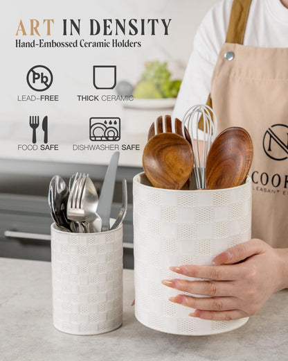 Nucookery Utensil Holder for Kitchen Counter, White Large Stable Ceramic Cooking Utensil Crock for Countertop Organizer, Farmhouse Decor, Set of 2, 7.1"&5.4", Christmas Thanksgiving Gift, Checkered