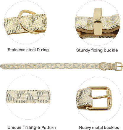 Leather Dog Collar and Leash Set, Check Pattern Dog Collar Leashes Metal Buckle Adjustable Durable for Small Medium Large Dogs (White, XL(18-22IN))