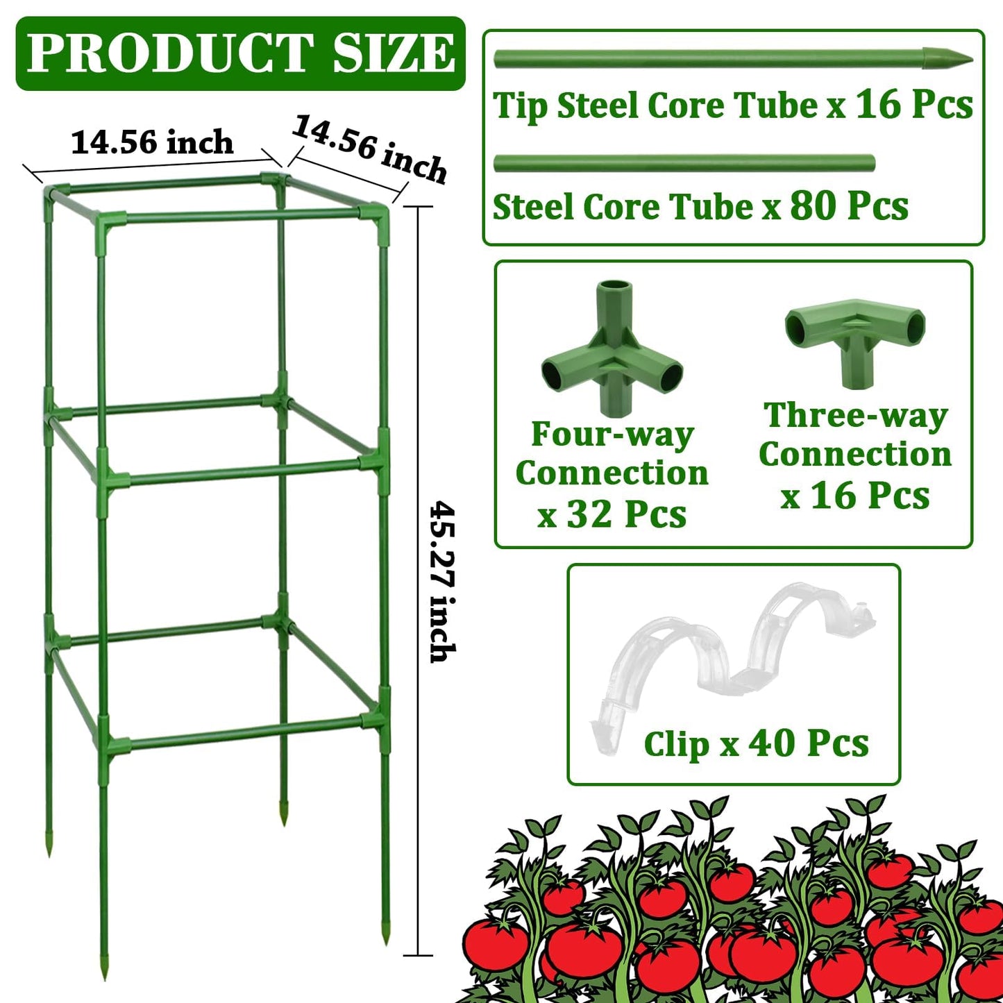 ZeeDix 45 Inch Tomato Cages 4 Pack, Heavy Duty Adjustable Metal Garden Plant Supports for Climbing Vegetables - Square Cage for Tomatoes, Cucumbers, Peas, Flowers with 40 Plant Clips
