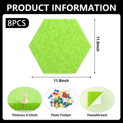 8 Packs Fluorescent Green Hexagon Felt Pin Board, 12" Bulletin Board with 30 Push Pins, Felt Board for Home Kitchen Office Decor, Self-Adhesive Corkboard Tiles for Walls Message Photos Memos Display