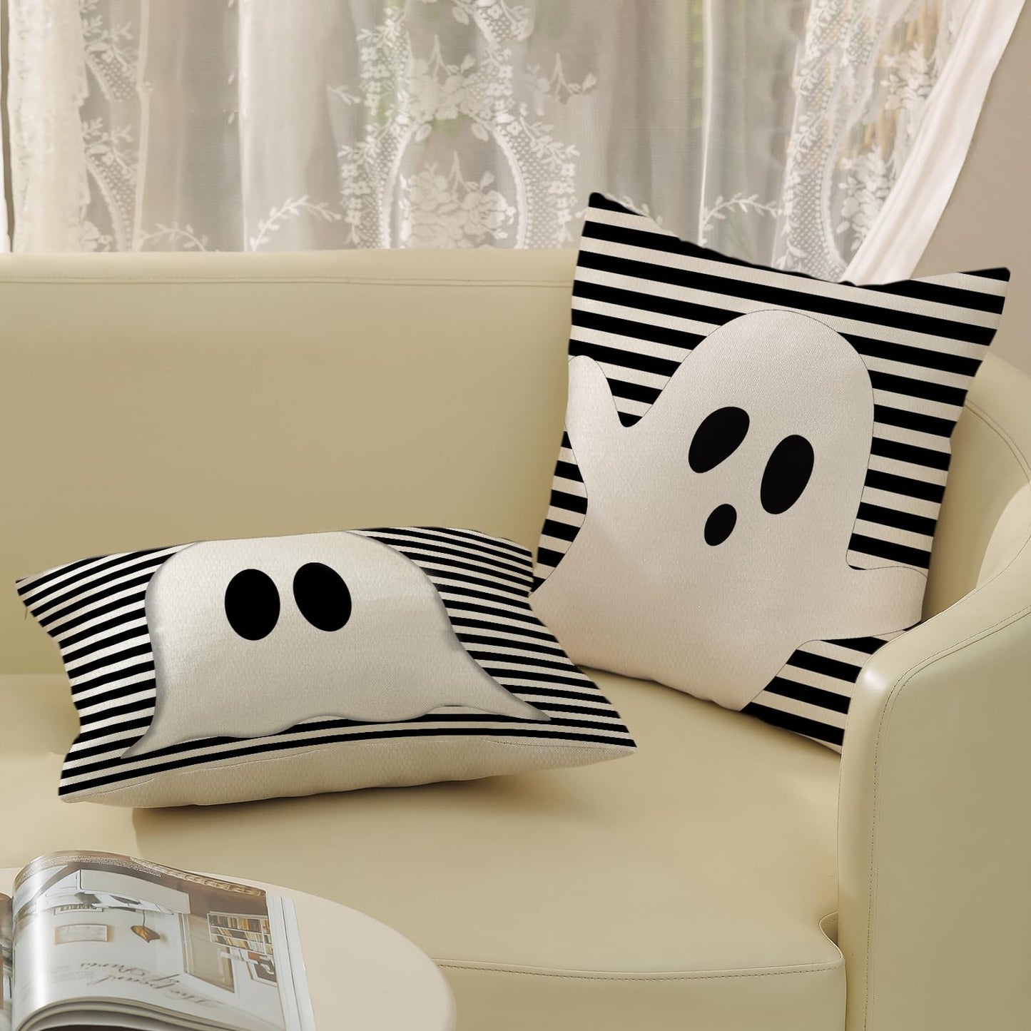 JEFERSO Halloween Pillow Covers 20x20 Set of 2 Black Stripes Cute White Ghost Throw Pillows Halloween Decorations Outdoor Pillowcase Halloween Home Decor Linen Farmhouse Cushion Case for Couch Sofa