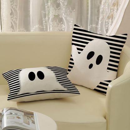JEFERSO Halloween Pillow Covers 20x20 Set of 2 Black Stripes Cute White Ghost Throw Pillows Halloween Decorations Outdoor Pillowcase Halloween Home Decor Linen Farmhouse Cushion Case for Couch Sofa