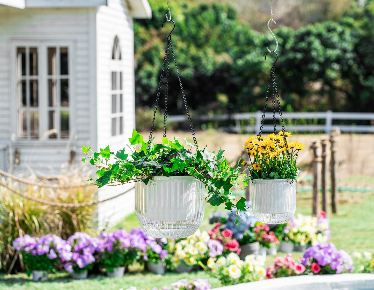Melphoe 2 Pack Self Watering Hanging Planters Indoor Flower Pots, 5.3/8.3 Inch Outdoor Hanging Basket, Plant Hanger with 3Hooks Drainage Holes for Garden Home (White)