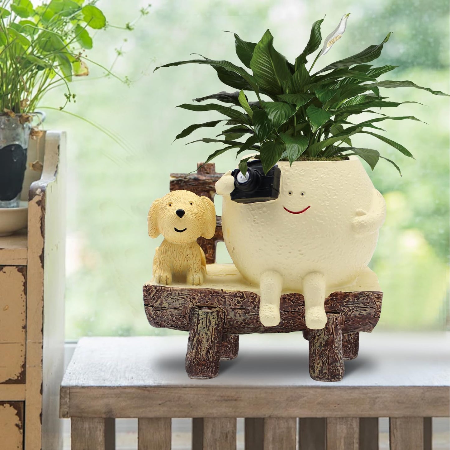 Tuenmofun Cute Funny Resin Bench Smiley Face Plant Pot Unique Head Succulent Planter for Indoor & Outdoor Flower