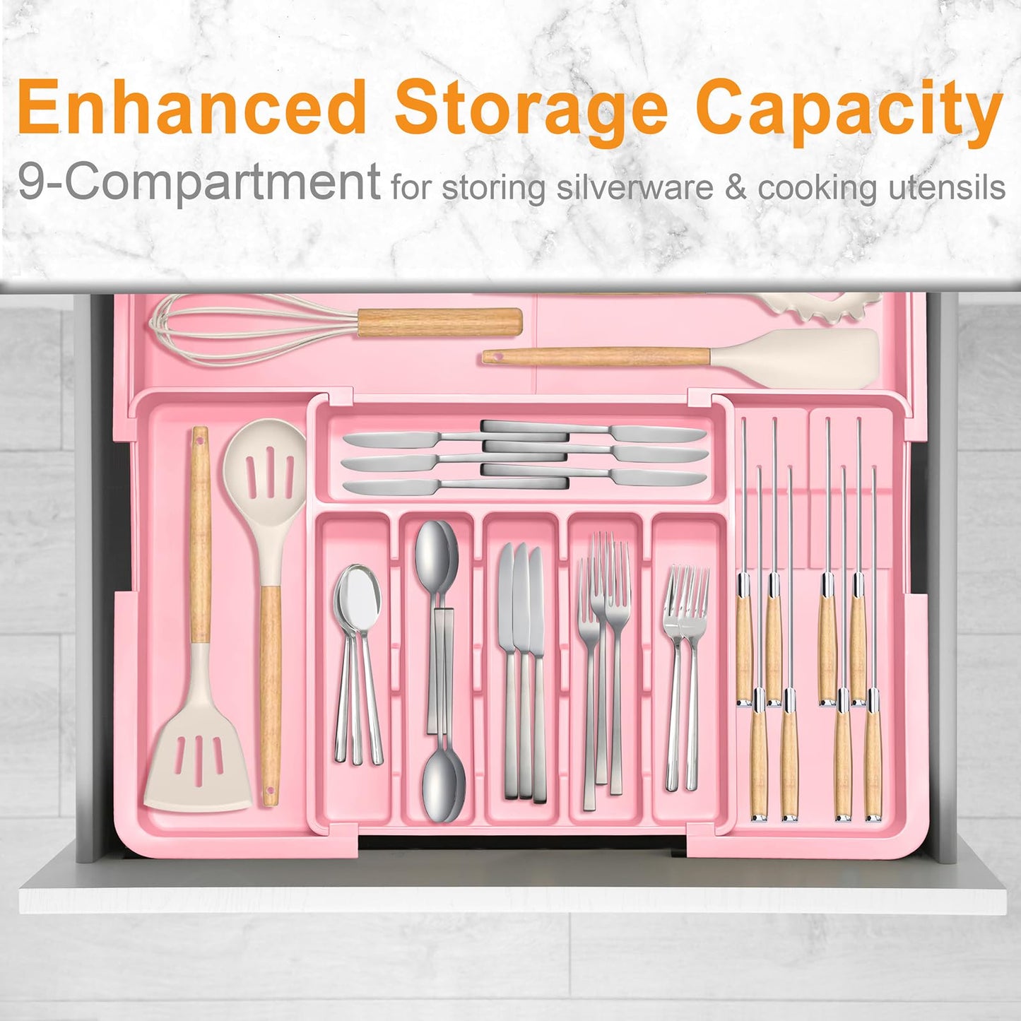 Homecor Silverware Organizer - Expandable Large Kitchen Drawer Organizer Utensil Organizer with 2 Removable Knife Blocks, 22"x 19"Cutlery Tray Drawer Dividers for Kitchen Flatware(6-9 Slots) (Black)