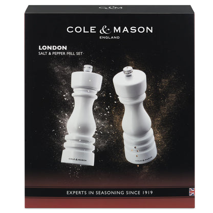 Cole & Mason H233095 London White Gloss Salt and Pepper Mill Set, Precision+ Carbon/Ceramic Mechanisms, Salt and Pepper Grinders with Adjustable Grind, Beech Wood, 180mm, Gift Set