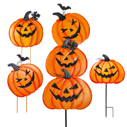 CAMATET Halloween Metal Pumpkin Yard Stakes, Stackable Pumpkin Signs Garden Stake with Witch Door Hanging, Outdoor Halloween Decorations for Lawn Party (Set of 3, Style B)