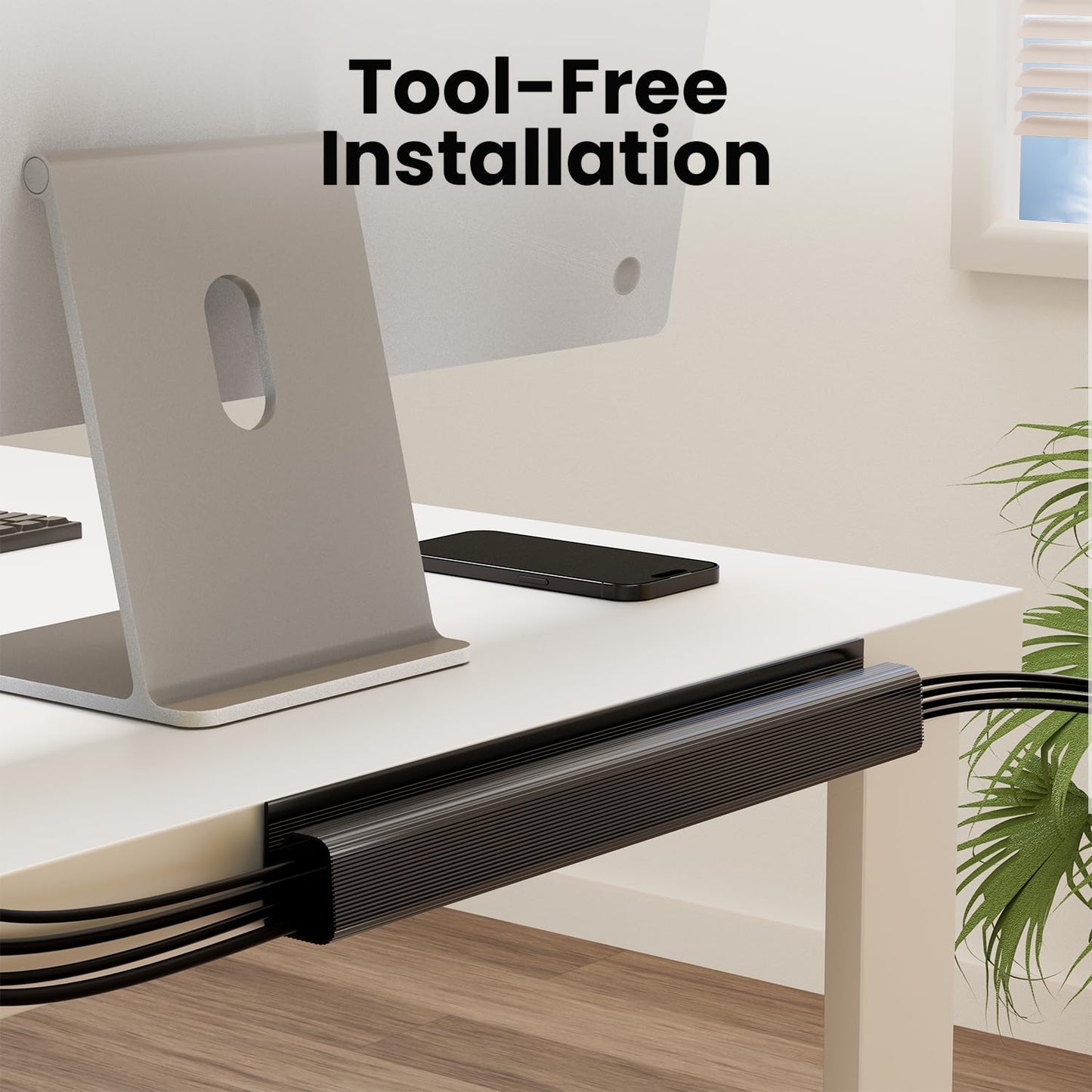 EVEO Cable Management Under Desk Kit (6 Units) - Under Desk Cable Management Cord Hider, Cable Hider Cord Management, Cable Organizer, Cord Organizer Tray | Self-Adhesive 96'' J Channel 6X16 - Black