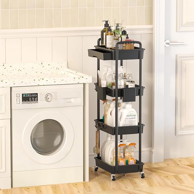 4 Tier Rolling Utility Cart with Drawer, Plastic Storage Organizer Rolling Carts with Wheels Handles Hanging Cups Hooks for Office, Bathroom, Kitchen,Craft Art Room (Black)