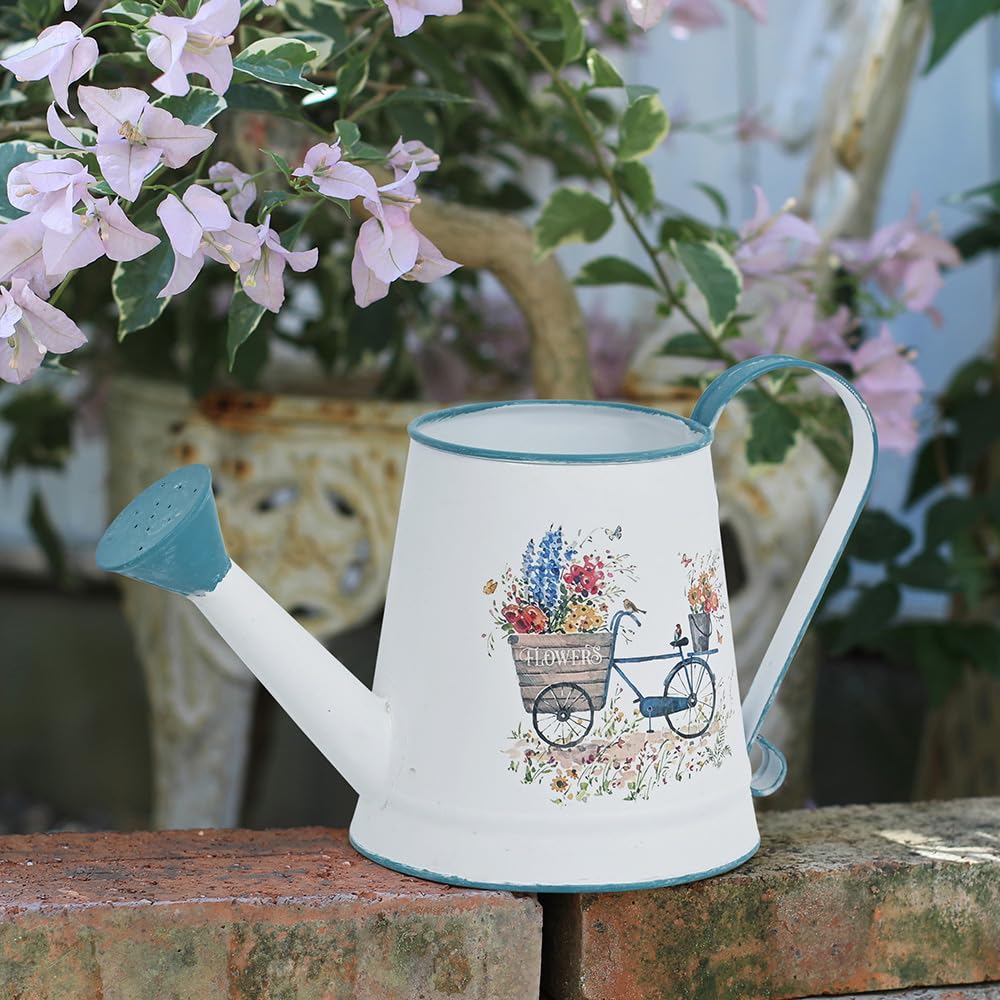 Zokyntrix Small Watering Can for Indoor Plants Garden Metal Decorative Watering Can Outdoor Bonsai Balcony Courtyard Garden Flower Decorative, 1.5L, 50.7 Oz (White Blue)