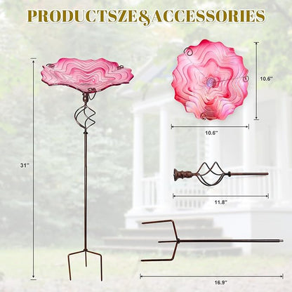 HONGLAND Bird Baths for Outside,12" Small Pink Glass Birdbaths Outdoor,Detachable Bird Feeder with Metal Stake for Garden Yard Patio Decor,32" Height