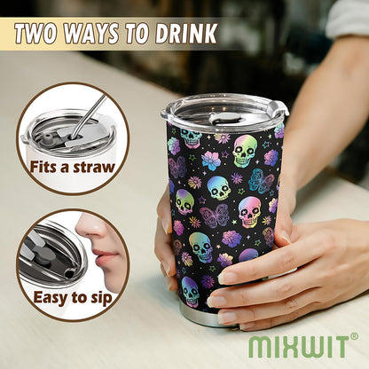 MIXWIT 20oz Rainbow Skull Stainless Steel Insulated Tumbler with Lid Colorful Floral & Butterflies Gothic Punk Style Coffee Travel Mug Cup Birthday Halloween Christmas Skull Gifts for Women