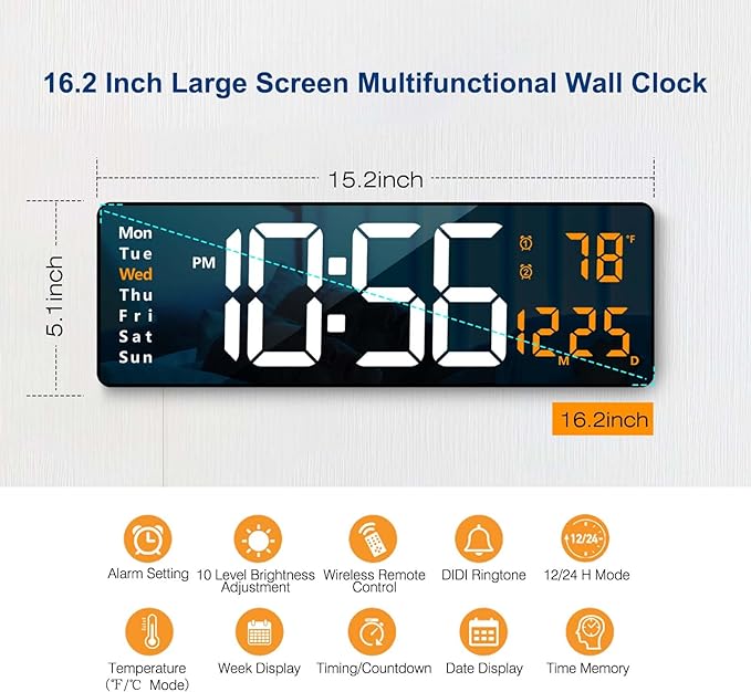 Digital Wall Clock Large Display, 16" with Remote Control for Living Room Gym Shop Warehouse Office Garage Decor, Auto Brightness Dimmer Reloj De Pared with Date Week Temp (Green)