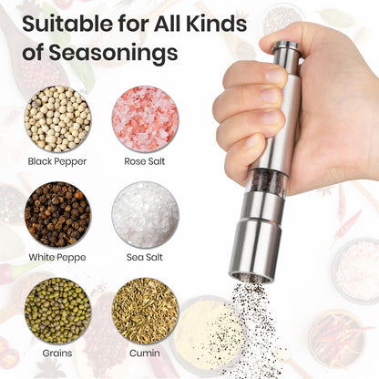 Salt and Pepper Grinder Set,Small Stainless Steel Manual Salt Grinder,Thumb Refillable Mini Salt Grinders Shakers With Base For Kitchen, Home, Travel, Camping, Cooking(Silvery)