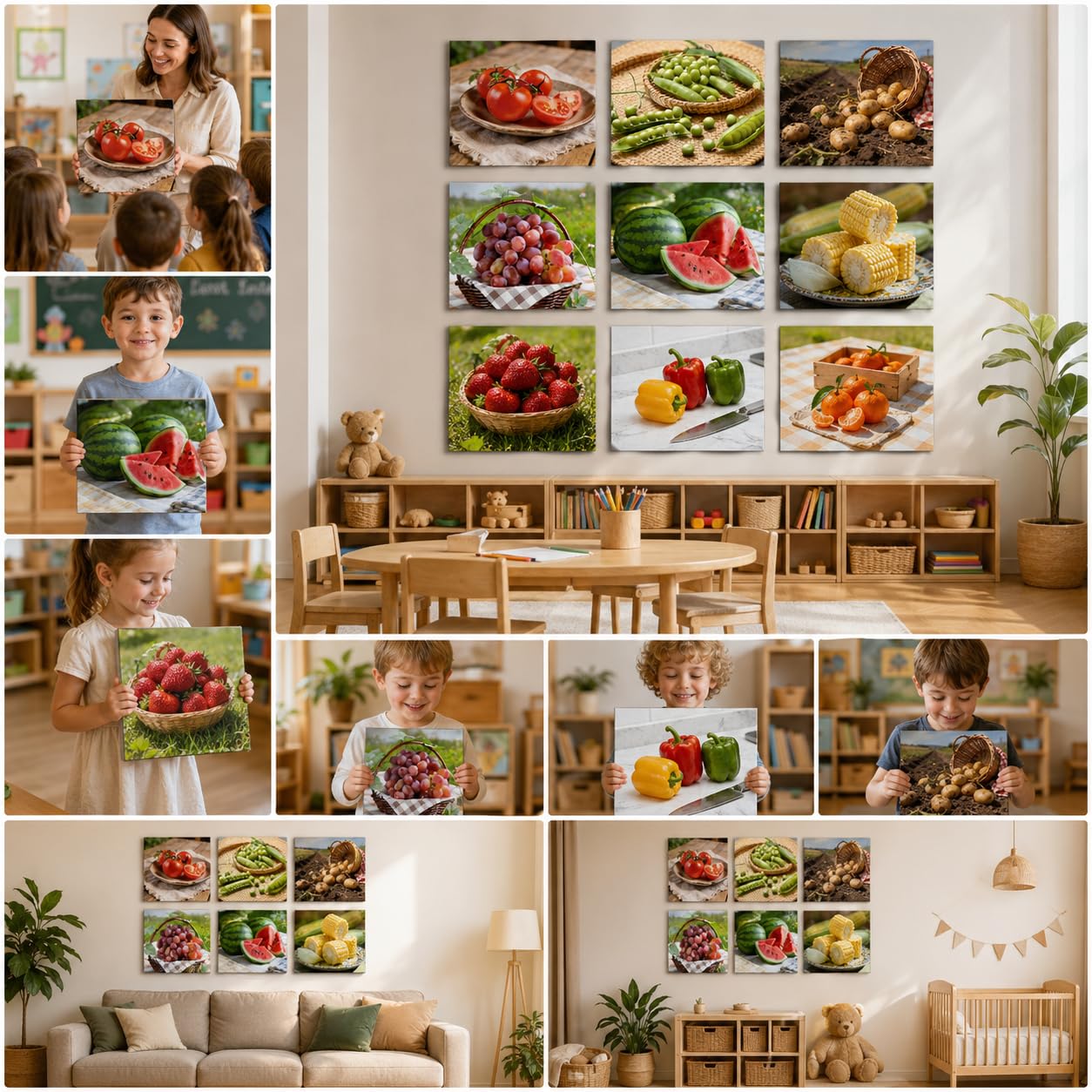 Quorivexa 15 Pcs Diversity Posters for Classroom Preschool Educational Learning Real Pictures for Daycare Home Multicultural Awareness(Fruit and Vegetable Posters Style)