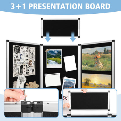 Nisorpa 3+1 Panel Folding Trade Show Presentation Board 70.8“ x 35.4” Trifold Desktop Display Board with Carry Bag Large Metal Frame Tabletop Display 4 Panels-Black