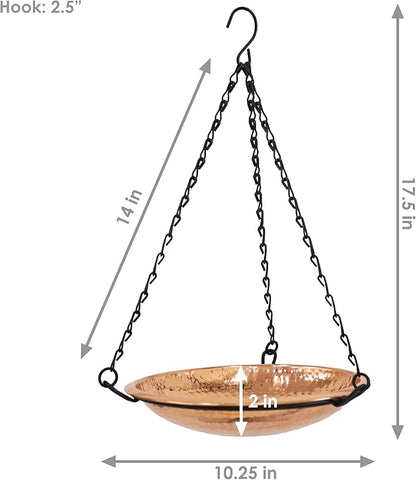 Sunnydaze Hand-Hammered Hanging Bird Bath/Feeder - Detachable Bowl with Hanging Chain - Copper Bird Bath Bowl - 17.5" H