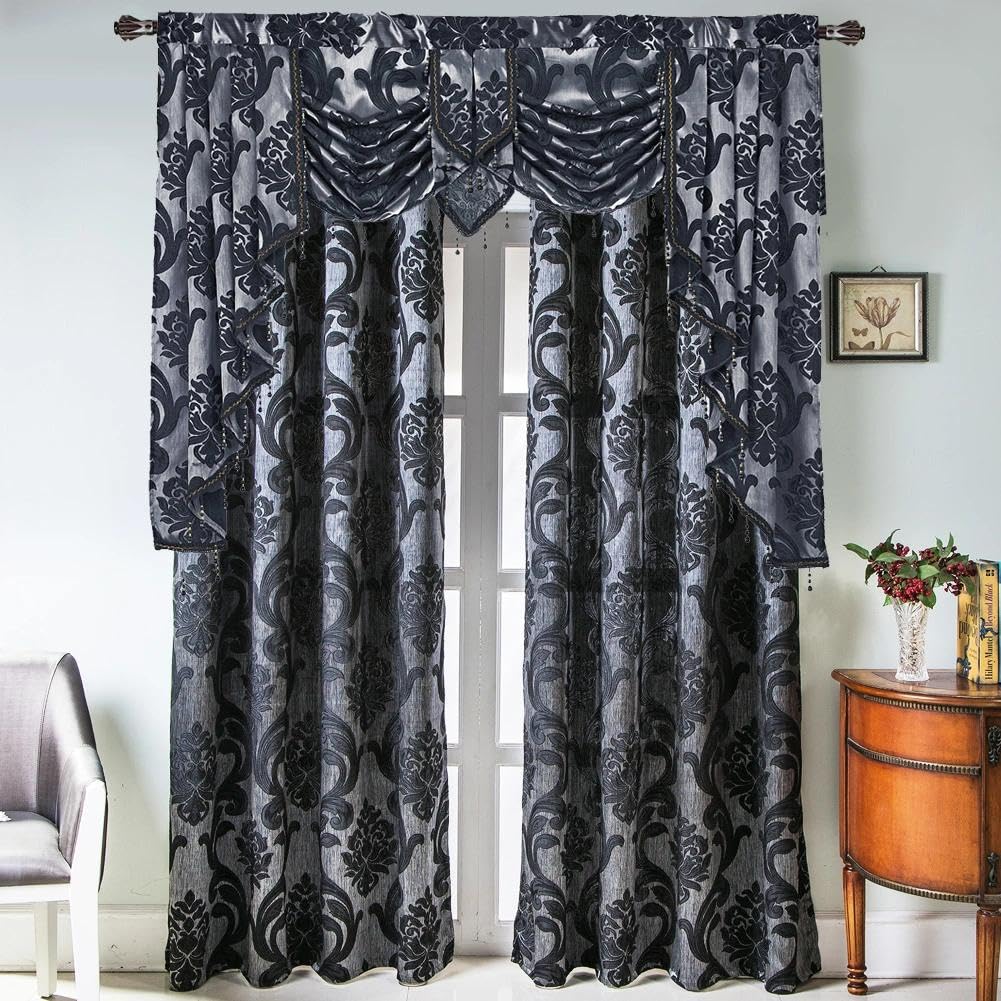 NAPEARL Halloween Black Waterfall Valance for Windows Luxury Gothic Valance Curtains for Living Room, Bedroom, Dining Room, Bay Window, Jacquard Damask Window Jabot and Cascade Curtains, 61-Inch Wide