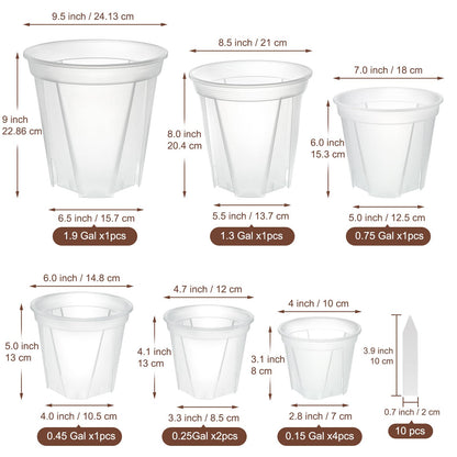 Clear Nursery Pots with Drainage, 10 Pack Transparent Plastic Orchid Planters, 6 Sizes Plant Pots 9.5/8.5/7/6/4.7/4 Inch with 10 Plant Labels for Seedlings, Succulents, Indoor/Outdoor Repotting