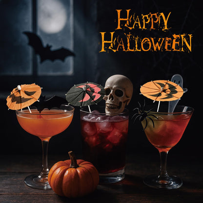 140 Pcs Halloween Pumpkin Cocktail Drink Umbrella Picks, 4 Inch Spooky Paper Toothpicks with Pumpkins Cocktail Umbrellas Fruit Dessert Cupcake Topper Sticks for Halloween Party Decorations (Black)